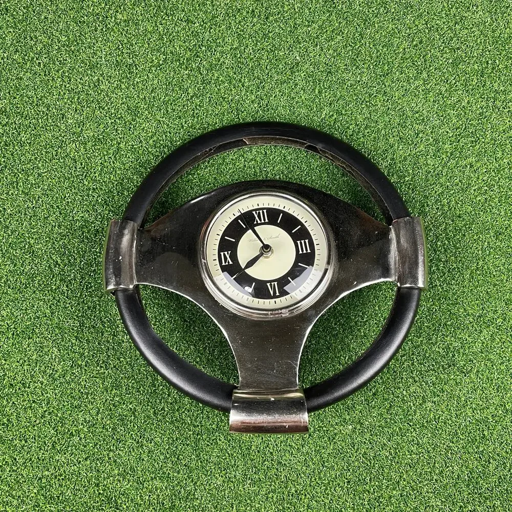 Vintage 70s William & Smith Chrome and Black Steering Wheel Desk Clock